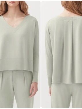 Cuyana French V Neck Terry Pleat-Back Sweatshirt Sage Green